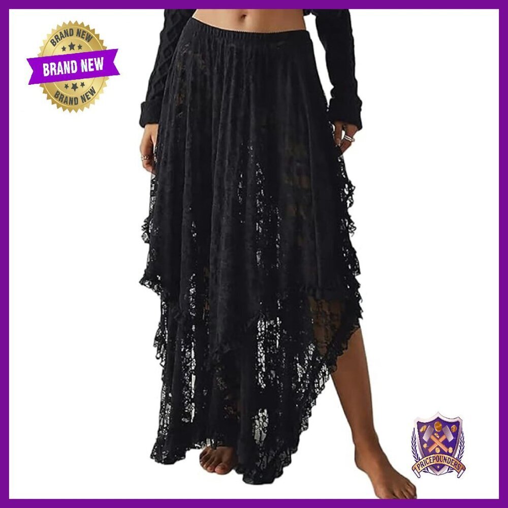 Flowy Lace Maxi Skirt Elastic Waist Asymmetrical Layered See-Through